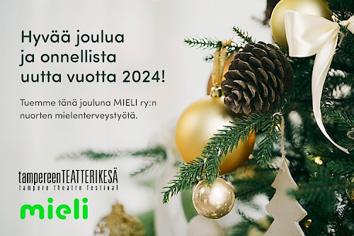 Vasemmalla puolella hyvää joulua -teksti, kuvassa oikealla havuoksa ja joulukoristeita.
